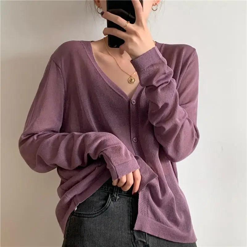 Top Quality Cardigan For Women Long Sleeve Cardigan Summer Cropped Cardigan Knitted V neck Thin Ice Silk Sweaters