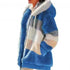 Top Quality Plus Size Jacket Women Autumn Winter Long Sleeve Color Block Zipper Fluff Hooded Warm Coat Jacket - Blue