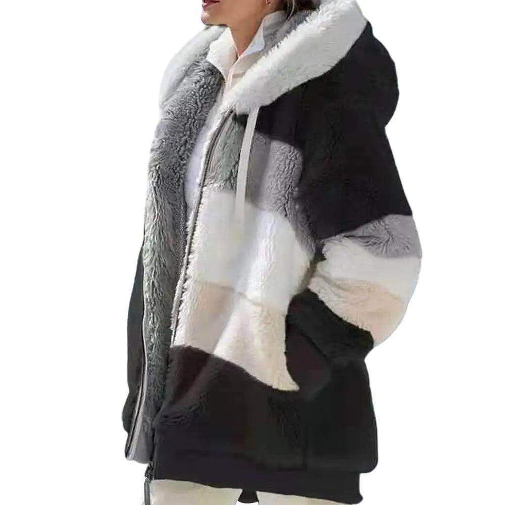 Top Quality Plus Size Jacket Women Autumn Winter Long Sleeve Color Block Zipper Fluff Hooded Warm Coat Jacket