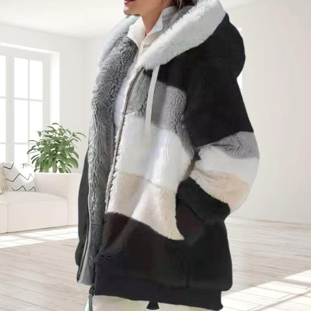 Top Quality Plus Size Jacket Women Autumn Winter Long Sleeve Color Block Zipper Fluff Hooded Warm Coat Jacket