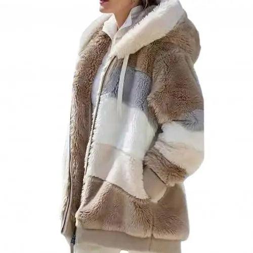 Top Quality Plus Size Jacket Women Autumn Winter Long Sleeve Color Block Zipper Fluff Hooded Warm Coat Jacket - Khaki