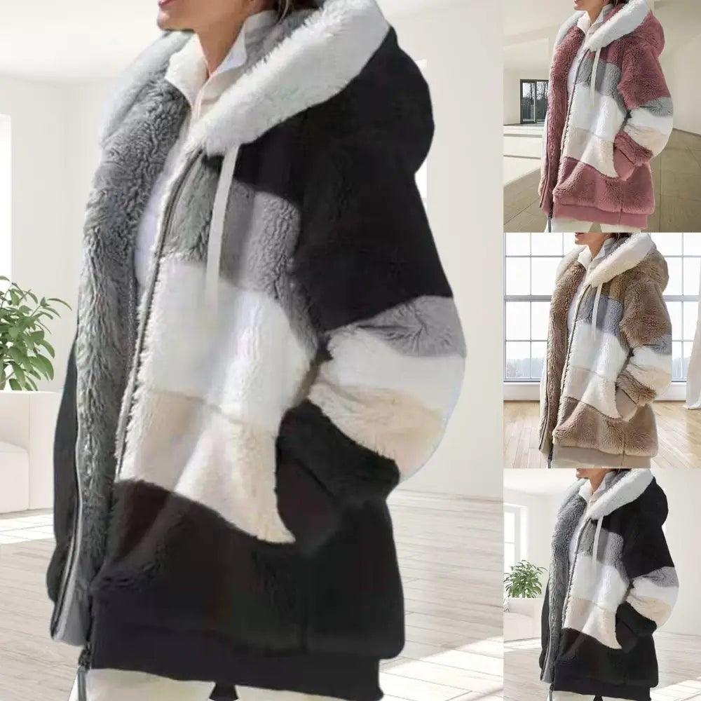 Top Quality Plus Size Jacket Women Autumn Winter Long Sleeve Color Block Zipper Fluff Hooded Warm Coat Jacket