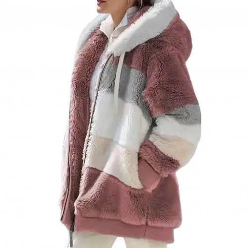 Top Quality Plus Size Jacket Women Autumn Winter Long Sleeve Color Block Zipper Fluff Hooded Warm Coat Jacket - Red