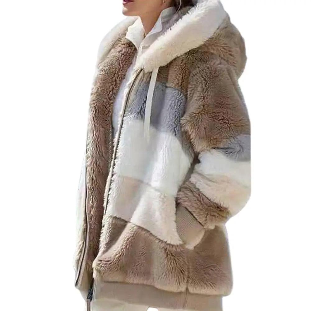 Top Quality Plus Size Jacket Women Autumn Winter Long Sleeve Color Block Zipper Fluff Hooded Warm Coat Jacket