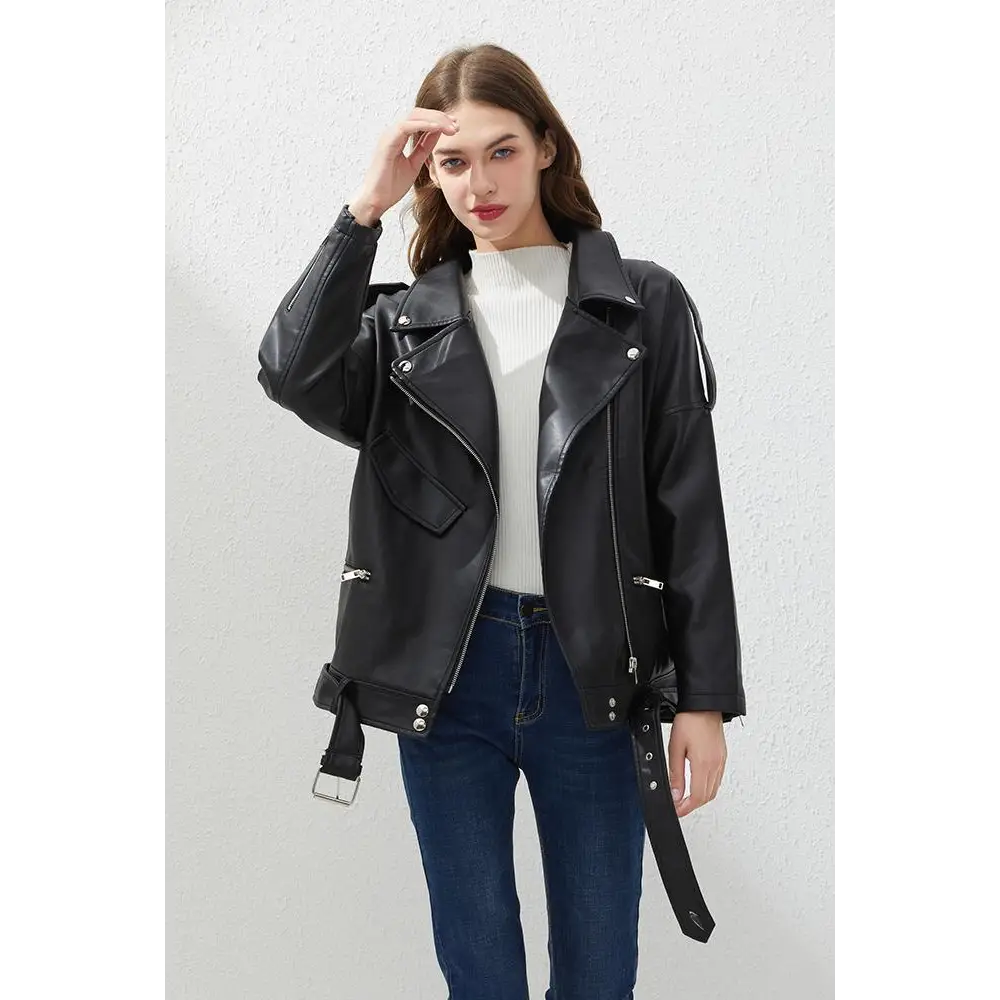 Top Quality PU Faux Leather Jacket Women Loose Sashes Casual Biker Jackets Outwear Female Tops BF Style Black Leather