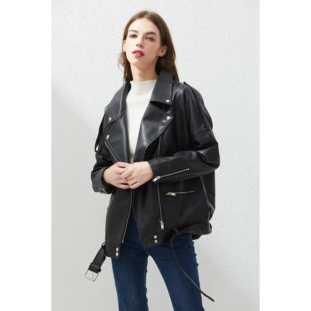 Top Quality PU Faux Leather Jacket Women Loose Sashes Casual Biker Jackets Outwear Female Tops BF Style Black Leather