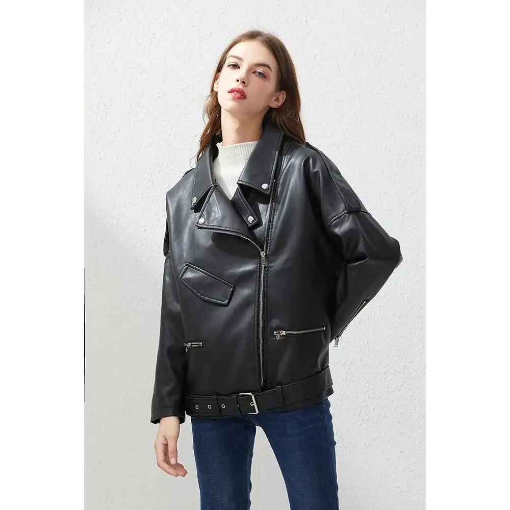 Top Quality PU Faux Leather Jacket Women Loose Sashes Casual Biker Jackets Outwear Female Tops BF Style Black Leather