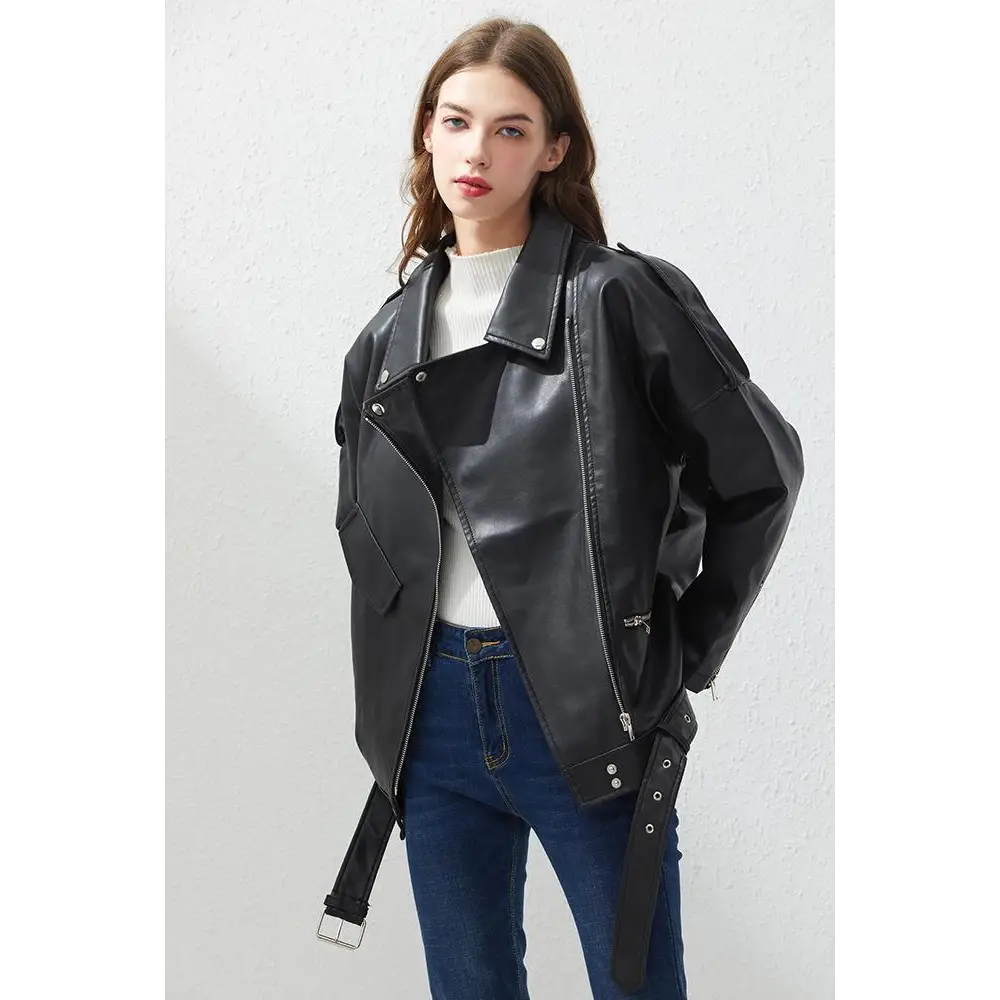 Top Quality PU Faux Leather Jacket Women Loose Sashes Casual Biker Jackets Outwear Female Tops BF Style Black Leather