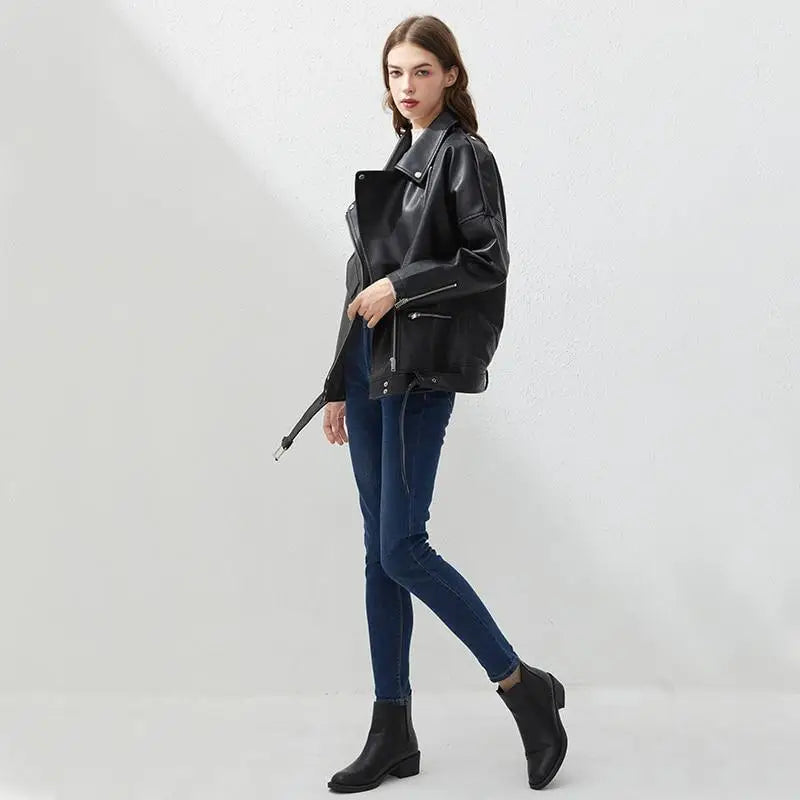 Top Quality PU Faux Leather Jacket Women Loose Sashes Casual Biker Jackets Outwear Female Tops BF Style Black Leather