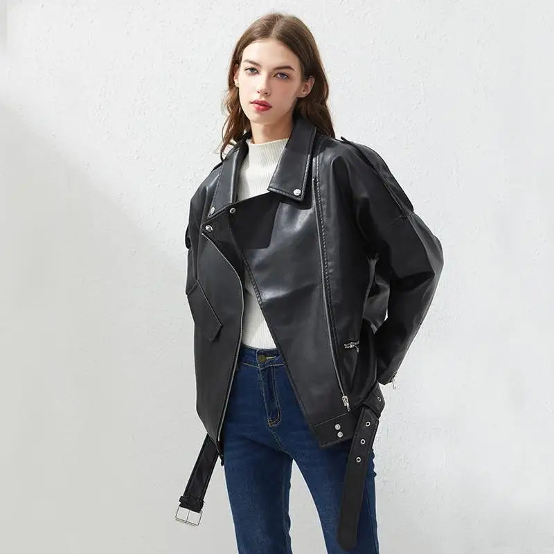 Top Quality PU Faux Leather Jacket Women Loose Sashes Casual Biker Jackets Outwear Female Tops BF Style Black Leather