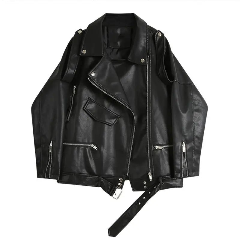 Top Quality PU Faux Leather Jacket Women Loose Sashes Casual Biker Jackets Outwear Female Tops BF Style Black Leather