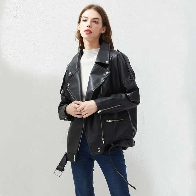 Top Quality PU Faux Leather Jacket Women Loose Sashes Casual Biker Jackets Outwear Female Tops BF Style Black Leather