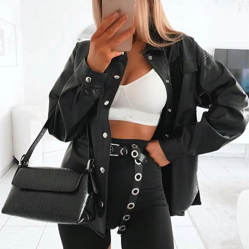 Top Quality Punk Style Women Autumn Leather Jacket Turn - down Collar Streetwear Cool Jackets Ladies Pocket Oversized