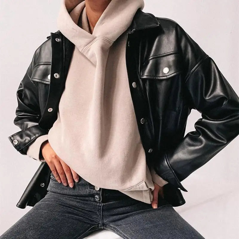 Top Quality Punk Style Women Autumn Leather Jacket Turn - down Collar Streetwear Cool Jackets Ladies Pocket Oversized