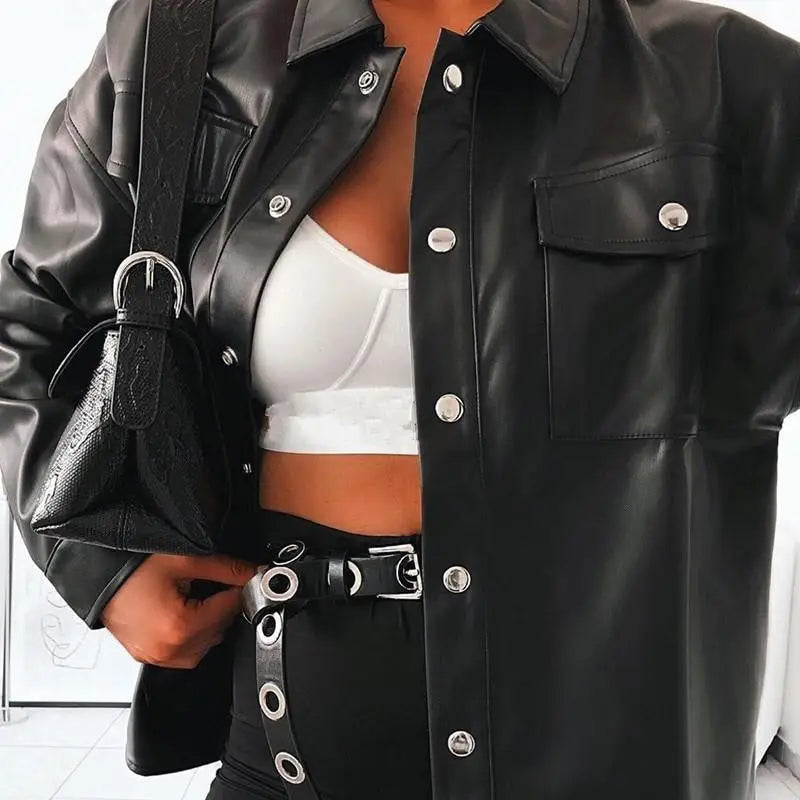 Top Quality Punk Style Women Autumn Leather Jacket Turn - down Collar Streetwear Cool Jackets Ladies Pocket Oversized