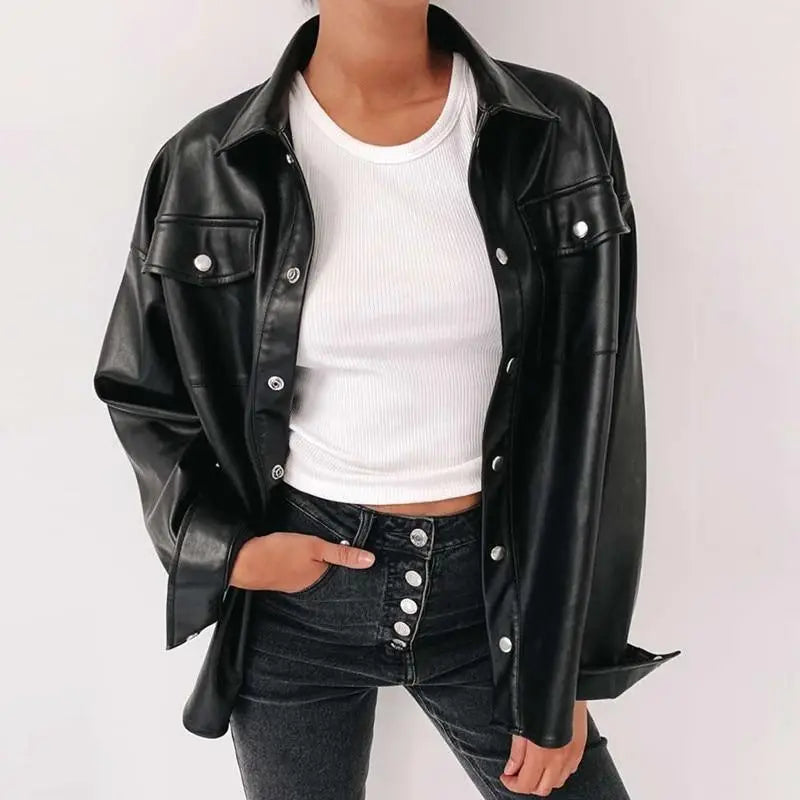 Top Quality Punk Style Women Autumn Leather Jacket Turn - down Collar Streetwear Cool Jackets Ladies Pocket Oversized