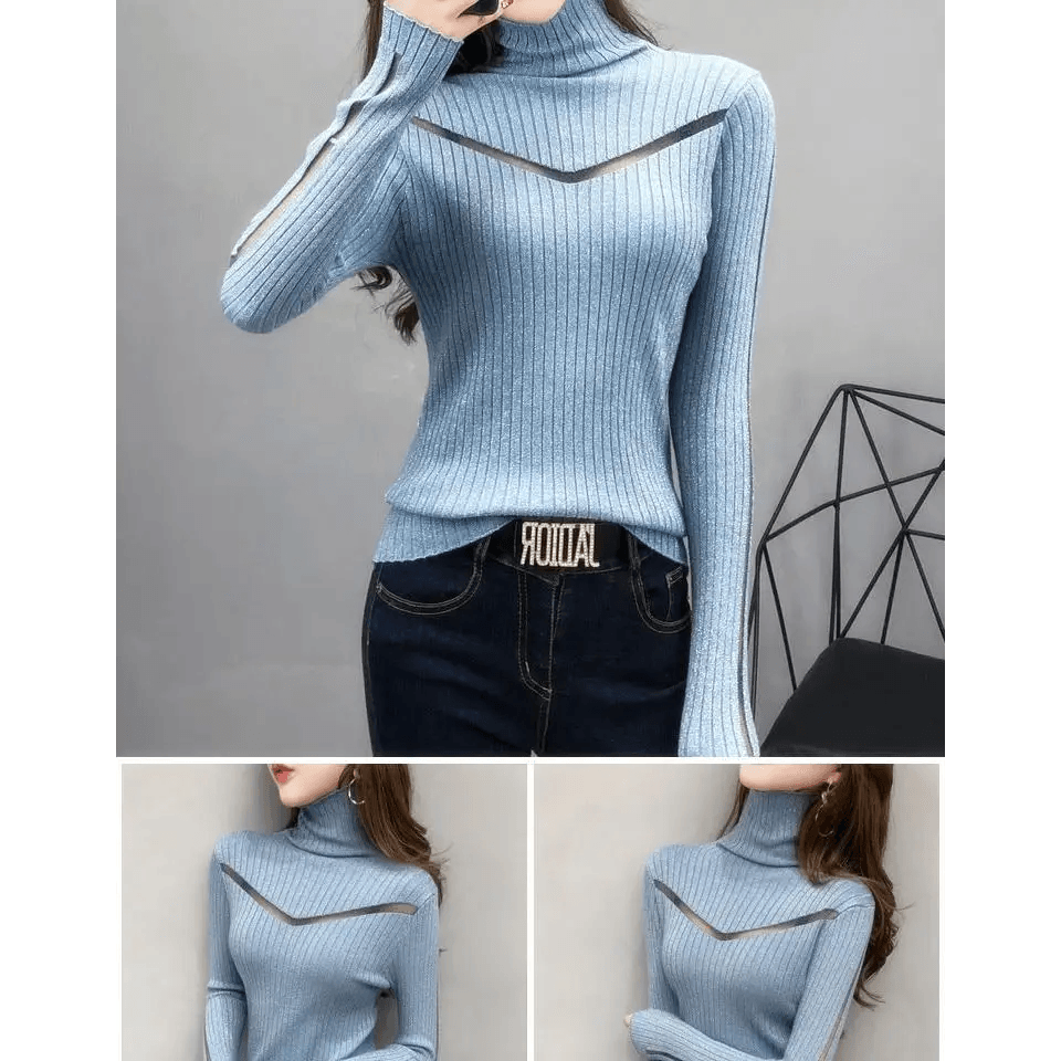 Top Quality Turtleneck Sweater Slim For Females Long - Sleeved Perspective Net Knitwear Bright Pull Ladies Sweaters