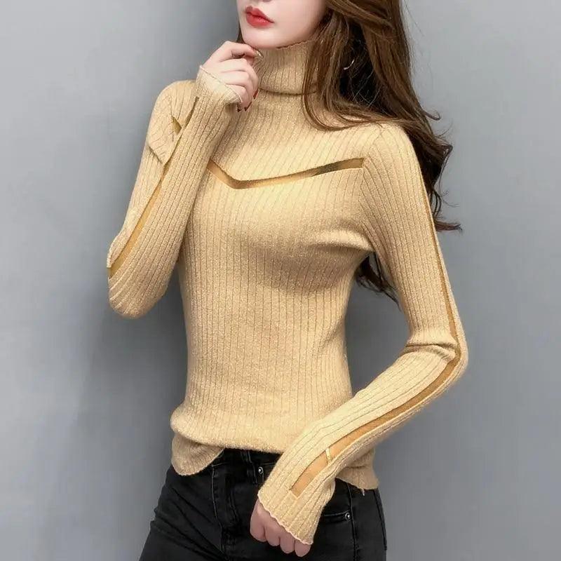 Top Quality Turtleneck Sweater Slim For Females Long - Sleeved Perspective Net Knitwear Bright Pull Ladies Sweaters