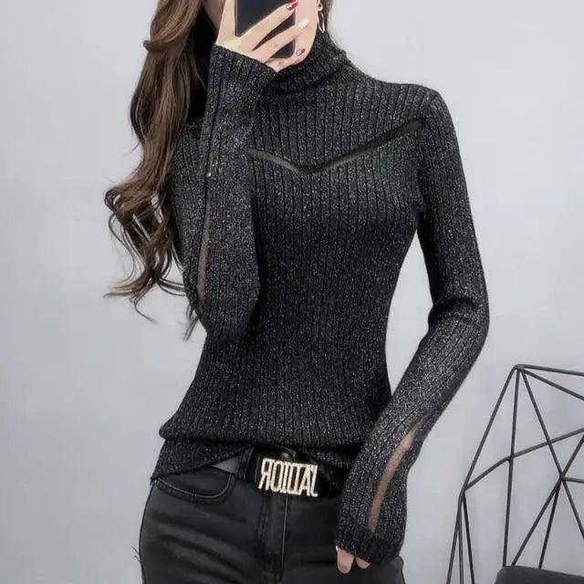 Top Quality Turtleneck Sweater Slim For Females Long - Sleeved Perspective Net Knitwear Bright Pull Ladies Sweaters