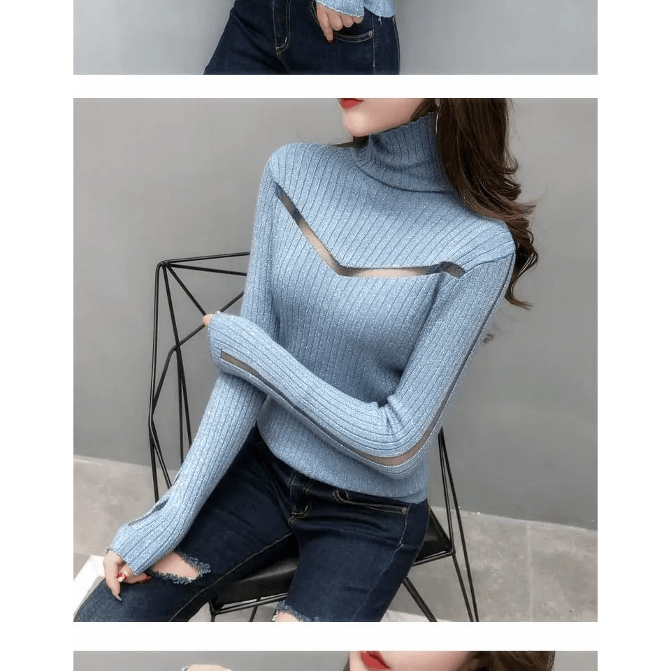 Top Quality Turtleneck Sweater Slim For Females Long - Sleeved Perspective Net Knitwear Bright Pull Ladies Sweaters