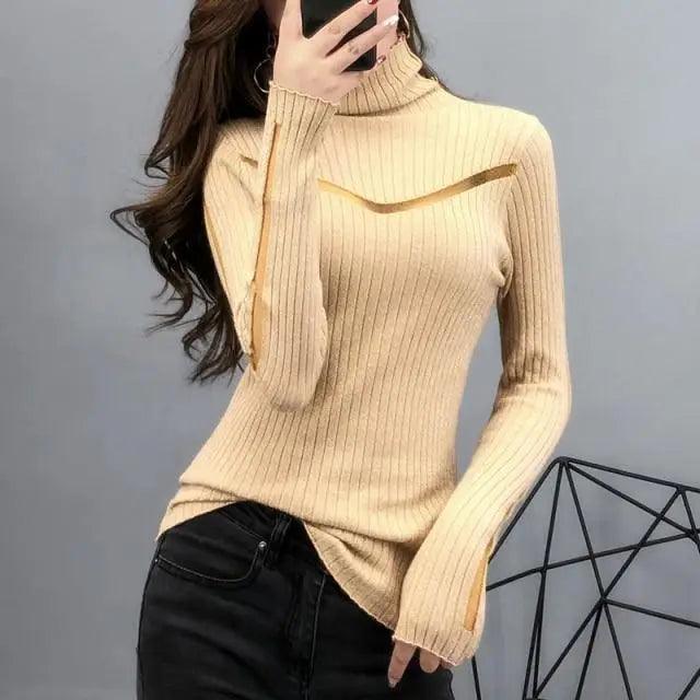 Top Quality Turtleneck Sweater Slim For Females Long - Sleeved Perspective Net Knitwear Bright Pull Ladies Sweaters