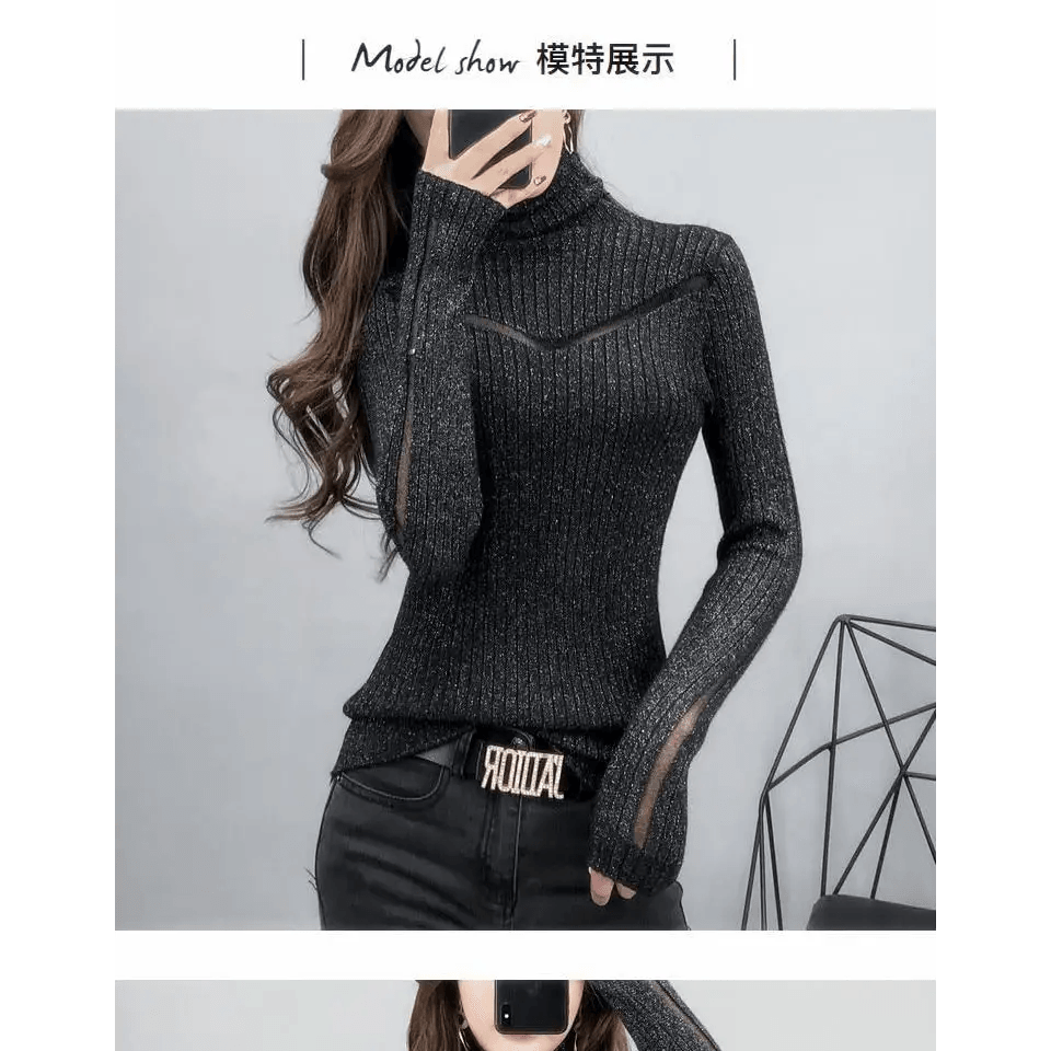 Top Quality Turtleneck Sweater Slim For Females Long - Sleeved Perspective Net Knitwear Bright Pull Ladies Sweaters