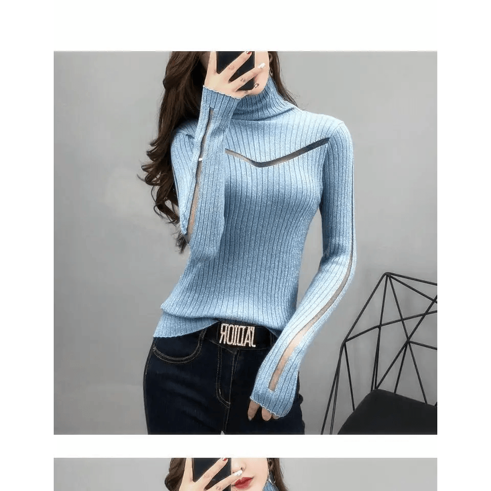 Top Quality Turtleneck Sweater Slim For Females Long - Sleeved Perspective Net Knitwear Bright Pull Ladies Sweaters