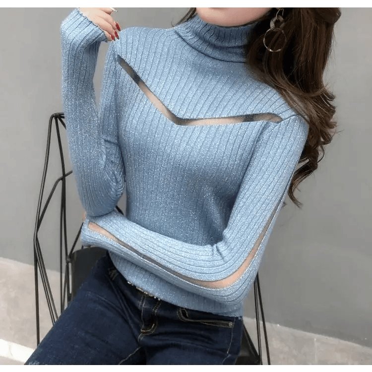 Top Quality Turtleneck Sweater Slim For Females Long - Sleeved Perspective Net Knitwear Bright Pull Ladies Sweaters