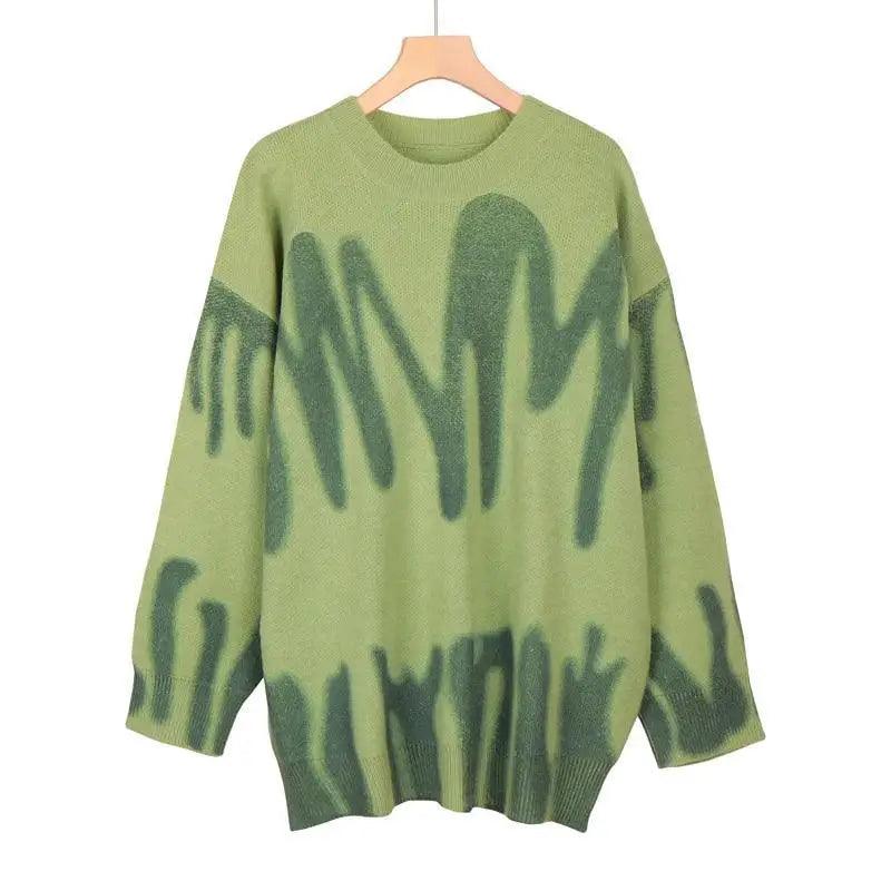 Top Quality Women Knitted Sweater Vintage Green Striped Print Sweater Oversized Pullovers Winter Streetwear Long