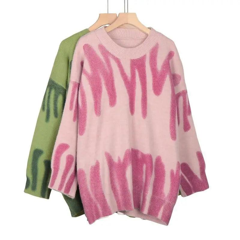 Top Quality Women Knitted Sweater Vintage Green Striped Print Sweater Oversized Pullovers Winter Streetwear Long