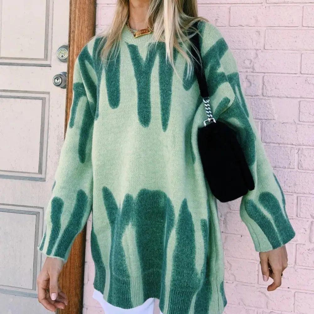 Top Quality Women Knitted Sweater Vintage Green Striped Print Sweater Oversized Pullovers Winter Streetwear Long