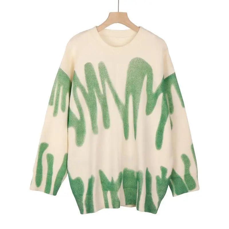 Top Quality Women Knitted Sweater Vintage Green Striped Print Sweater Oversized Pullovers Winter Streetwear Long