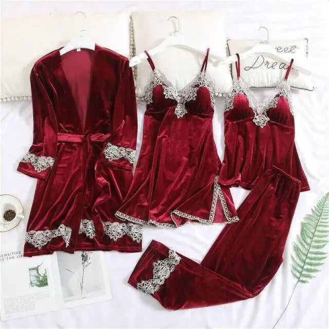 2021  Trendy New Four Pieces Warm Winter Pajamas Sets Women Sexy Lace Robe Pajama Sleepwear Suit Sleeveless Nightwear - Treko - 2021 pajamas, 2021 trends, birthday gifts, comfortable pajamas, family set pajamas, fashion 2021, fashionable pajamas, new trend 2021, pajamas 2021, pajamas for women, trends 2021, trendy pajamas, trendy pajamas 2021, trendy pajamas for women, winter pajamas, winter pajamas 2021, winter women pajamas, women pajamas- Stevvex.com