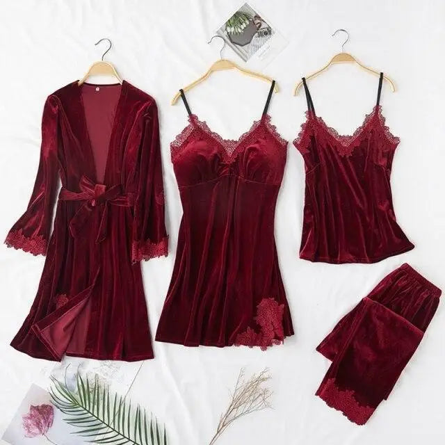 2021  Trendy New Four Pieces Warm Winter Pajamas Sets Women Sexy Lace Robe Pajama Sleepwear Suit Sleeveless Nightwear - Treko - 2021 pajamas, 2021 trends, birthday gifts, comfortable pajamas, family set pajamas, fashion 2021, fashionable pajamas, new trend 2021, pajamas 2021, pajamas for women, trends 2021, trendy pajamas, trendy pajamas 2021, trendy pajamas for women, winter pajamas, winter pajamas 2021, winter women pajamas, women pajamas- Stevvex.com