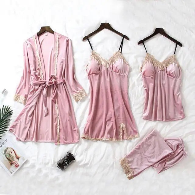 2021  Trendy New Four Pieces Warm Winter Pajamas Sets Women Sexy Lace Robe Pajama Sleepwear Suit Sleeveless Nightwear - Treko - 2021 pajamas, 2021 trends, birthday gifts, comfortable pajamas, family set pajamas, fashion 2021, fashionable pajamas, new trend 2021, pajamas 2021, pajamas for women, trends 2021, trendy pajamas, trendy pajamas 2021, trendy pajamas for women, winter pajamas, winter pajamas 2021, winter women pajamas, women pajamas- Stevvex.com