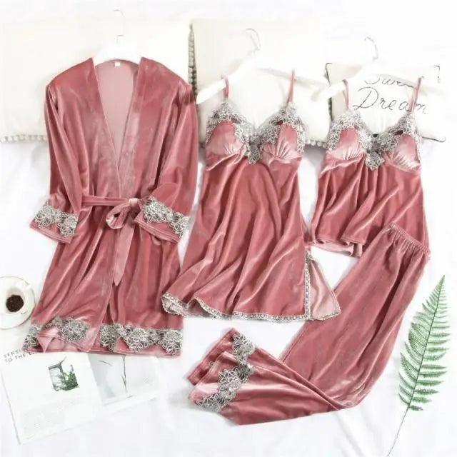 2021  Trendy New Four Pieces Warm Winter Pajamas Sets Women Sexy Lace Robe Pajama Sleepwear Suit Sleeveless Nightwear - Treko - 2021 pajamas, 2021 trends, birthday gifts, comfortable pajamas, family set pajamas, fashion 2021, fashionable pajamas, new trend 2021, pajamas 2021, pajamas for women, trends 2021, trendy pajamas, trendy pajamas 2021, trendy pajamas for women, winter pajamas, winter pajamas 2021, winter women pajamas, women pajamas- Stevvex.com