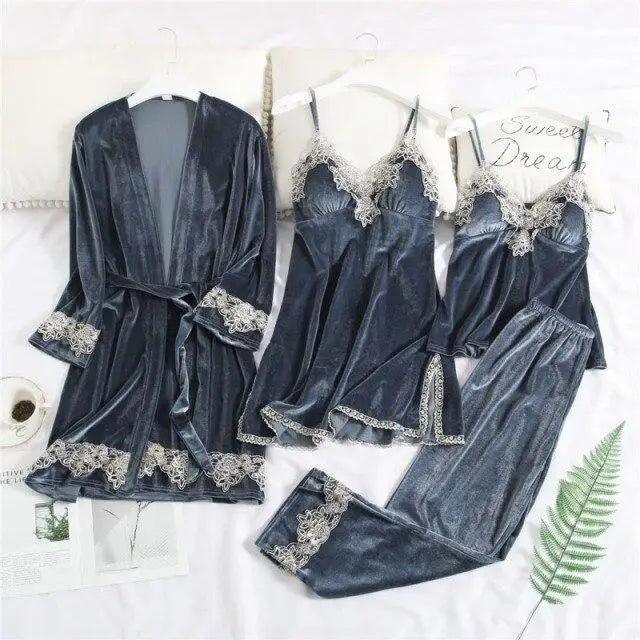 2021  Trendy New Four Pieces Warm Winter Pajamas Sets Women Sexy Lace Robe Pajama Sleepwear Suit Sleeveless Nightwear - Treko - 2021 pajamas, 2021 trends, birthday gifts, comfortable pajamas, family set pajamas, fashion 2021, fashionable pajamas, new trend 2021, pajamas 2021, pajamas for women, trends 2021, trendy pajamas, trendy pajamas 2021, trendy pajamas for women, winter pajamas, winter pajamas 2021, winter women pajamas, women pajamas- Stevvex.com