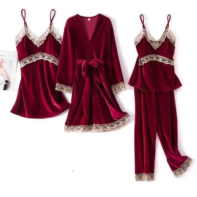 2021  Trendy New Four Pieces Warm Winter Pajamas Sets Women Sexy Lace Robe Pajama Sleepwear Suit Sleeveless Nightwear - Treko - 2021 pajamas, 2021 trends, birthday gifts, comfortable pajamas, family set pajamas, fashion 2021, fashionable pajamas, new trend 2021, pajamas 2021, pajamas for women, trends 2021, trendy pajamas, trendy pajamas 2021, trendy pajamas for women, winter pajamas, winter pajamas 2021, winter women pajamas, women pajamas- Stevvex.com