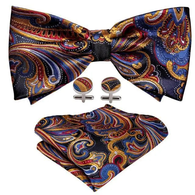 Trendy Patterned Silk Jacquard Plaid Bowtie With Pocket Square And Cufflinks Set For Men Unique Butterfly Party Wedding