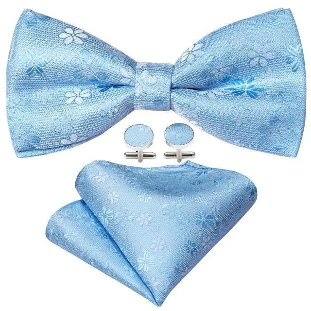 Trendy Patterned Silk Jacquard Plaid Bowtie With Pocket Square And Cufflinks Set For Men Unique Butterfly Party Wedding