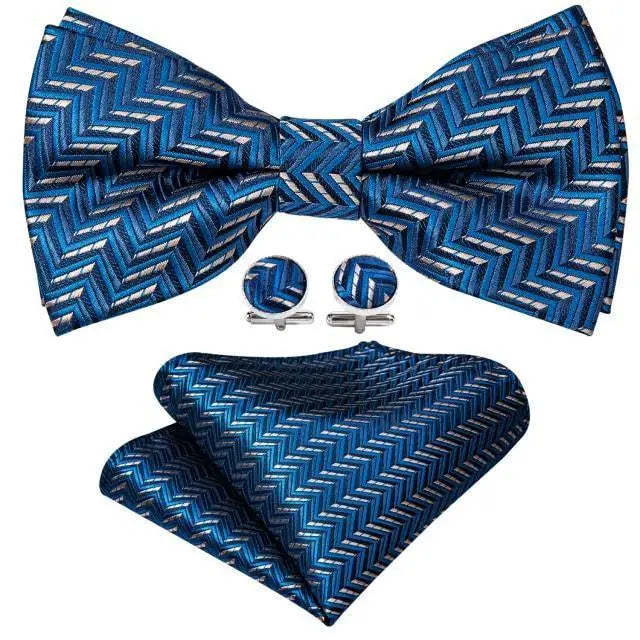 Trendy Patterned Silk Jacquard Plaid Bowtie With Pocket Square And Cufflinks Set For Men Unique Butterfly Party Wedding