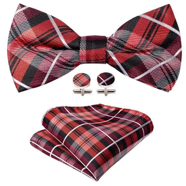 Trendy Patterned Silk Jacquard Plaid Bowtie With Pocket Square And Cufflinks Set For Men Unique Butterfly Party Wedding