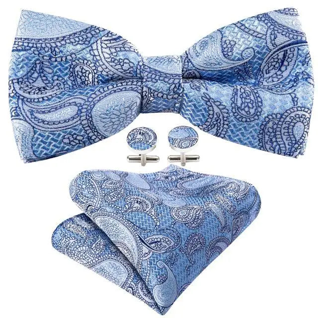 Trendy Patterned Silk Jacquard Plaid Bowtie With Pocket Square And Cufflinks Set For Men Unique Butterfly Party Wedding