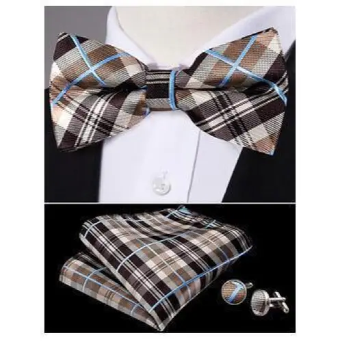 Trendy Patterned Silk Jacquard Plaid Bowtie With Pocket Square And Cufflinks Set For Men Unique Butterfly Party Wedding