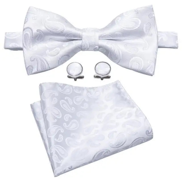 Trendy Patterned Silk Jacquard Plaid Bowtie With Pocket Square And Cufflinks Set For Men Unique Butterfly Party Wedding