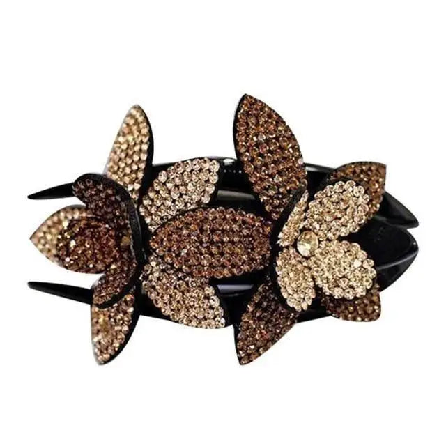 Trendy Rhinestone Double Flower Hair Clip Elegant Crystal Hair Combs Non - slip Comb Rhinestone Hairpins Pearls Design