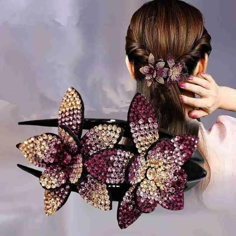 Trendy Rhinestone Double Flower Hair Clip Elegant Crystal Hair Combs Non - slip Comb Rhinestone Hairpins Pearls Design