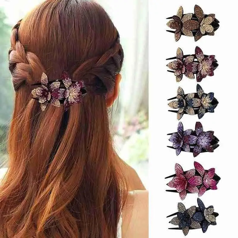 Trendy Rhinestone Double Flower Hair Clip Elegant Crystal Hair Combs Non - slip Comb Rhinestone Hairpins Pearls Design