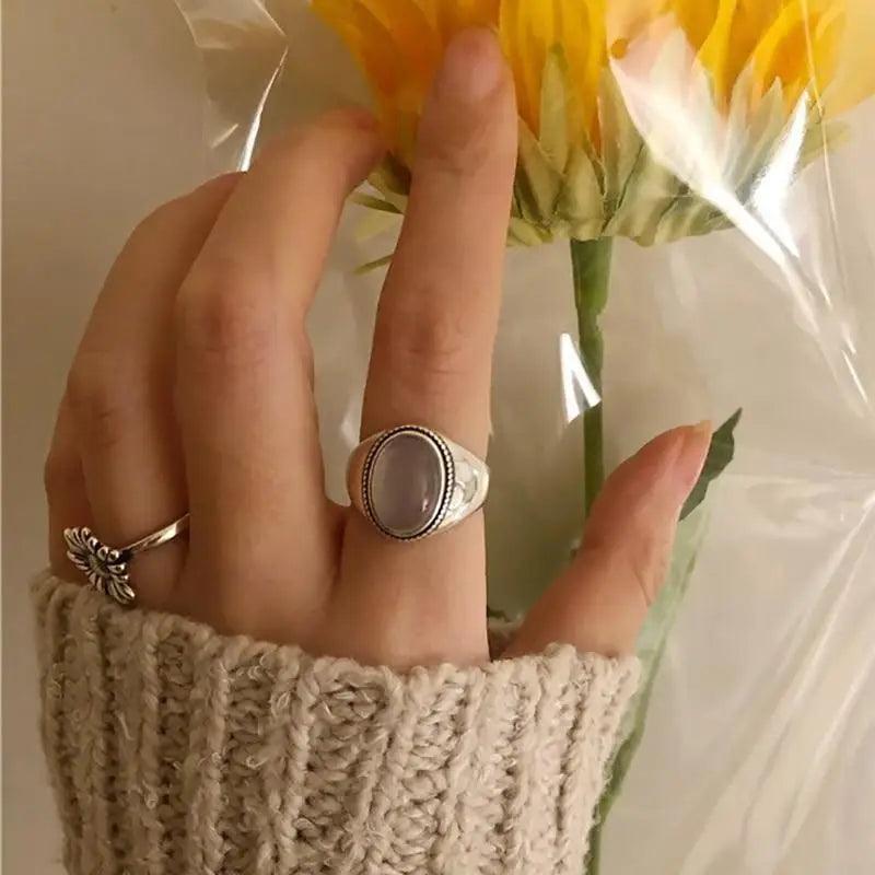 Trendy Vintage Style Silver Couples Rings for Women Sterling Handmade White Agate Elegant Wedding Party Jewelry Gifts