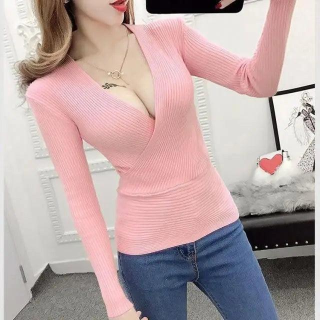 Unique Design All - Match Deep V Sweater Women Knitted Full Sleeve Pullovers Casual Slim Sweaters Female Elastic Cotton